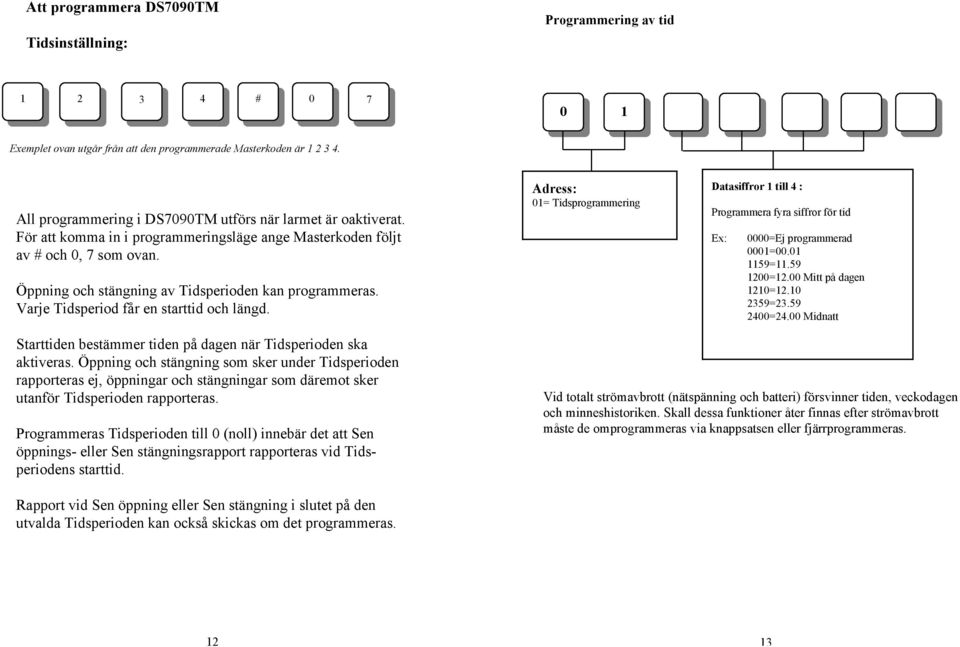 Varje Tidsperiod får en starttid och längd. Adress: 01= Tidsprogrammering Datasiffror 1 till 4 : Programmera fyra siffror för tid Ex: 0000=Ej programmerad 0001=00.01 1159=11.59 1200=12.