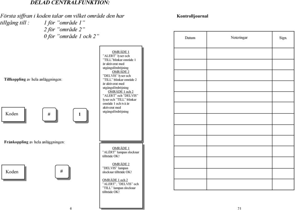 Tillkoppling av hela anläggningen: 1 OMRÅDE 1 ALERT lyser och TILL blinkar område 1 är aktiverat med utgångsfördröjning OMRÅDE 2 DELVIS lyser och TILL blinkar område 2 är