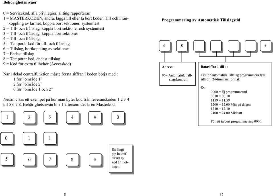 = Temporär kod för till- och frånslag 6 = Tillslag, bortkoppling av sektioner 7 = Endast tillslag 8 = Temporär kod, endast tillslag 9 = Kod för extra tillbehör (Accesskod) När i delad centralfunktion