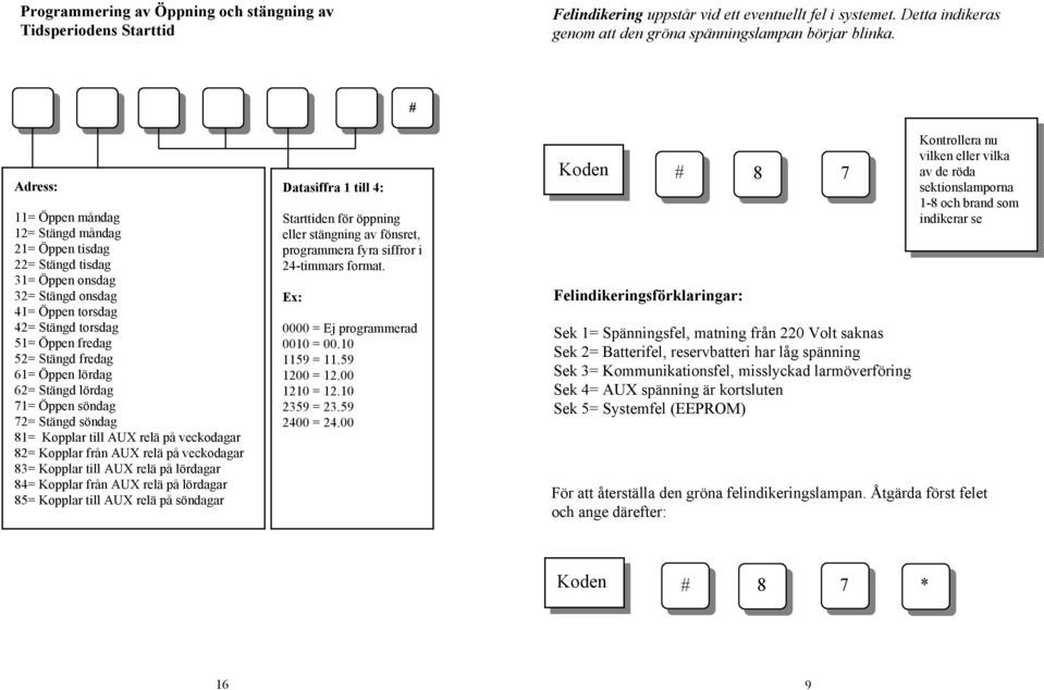 lördag 62= Stängd lördag 71= Öppen söndag 72= Stängd söndag 81= Kopplar till AUX relä på veckodagar 82= Kopplar från AUX relä på veckodagar 83= Kopplar till AUX relä på lördagar 84= Kopplar från AUX