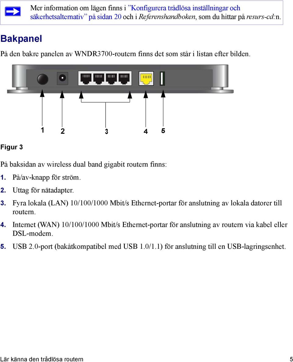 Uttag för nätadapter. 1 2 3 4 5 3. Fyra lokala (LAN) 10/100/1000 Mbit/s Ethernet-portar för anslutning av lokala datorer till routern. 4. Internet (WAN) 10/100/1000 Mbit/s Ethernet-portar för anslutning av routern via kabel eller DSL-modem.