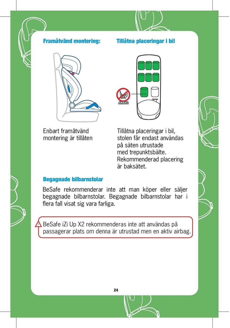 Begagnade bilbarnstolar BeSafe rekommenderar inte att man köper eller säljer begagnade bilbarnstolar.