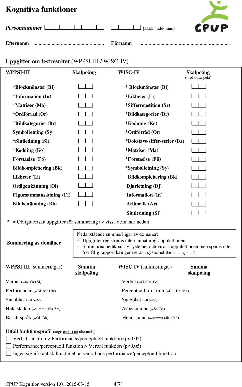 (Li) *Sifferrepetition (Sr) *Bildkategorier (Br) *Kodning (Ko) *Ordförråd (Or) *Bokstavs-siffer-serier (Bs) *Matriser (Ma) *Förståelse (Fö) *Symbolletning (Sy) Bildkomplettering (Bk) Djurletning (Dj)