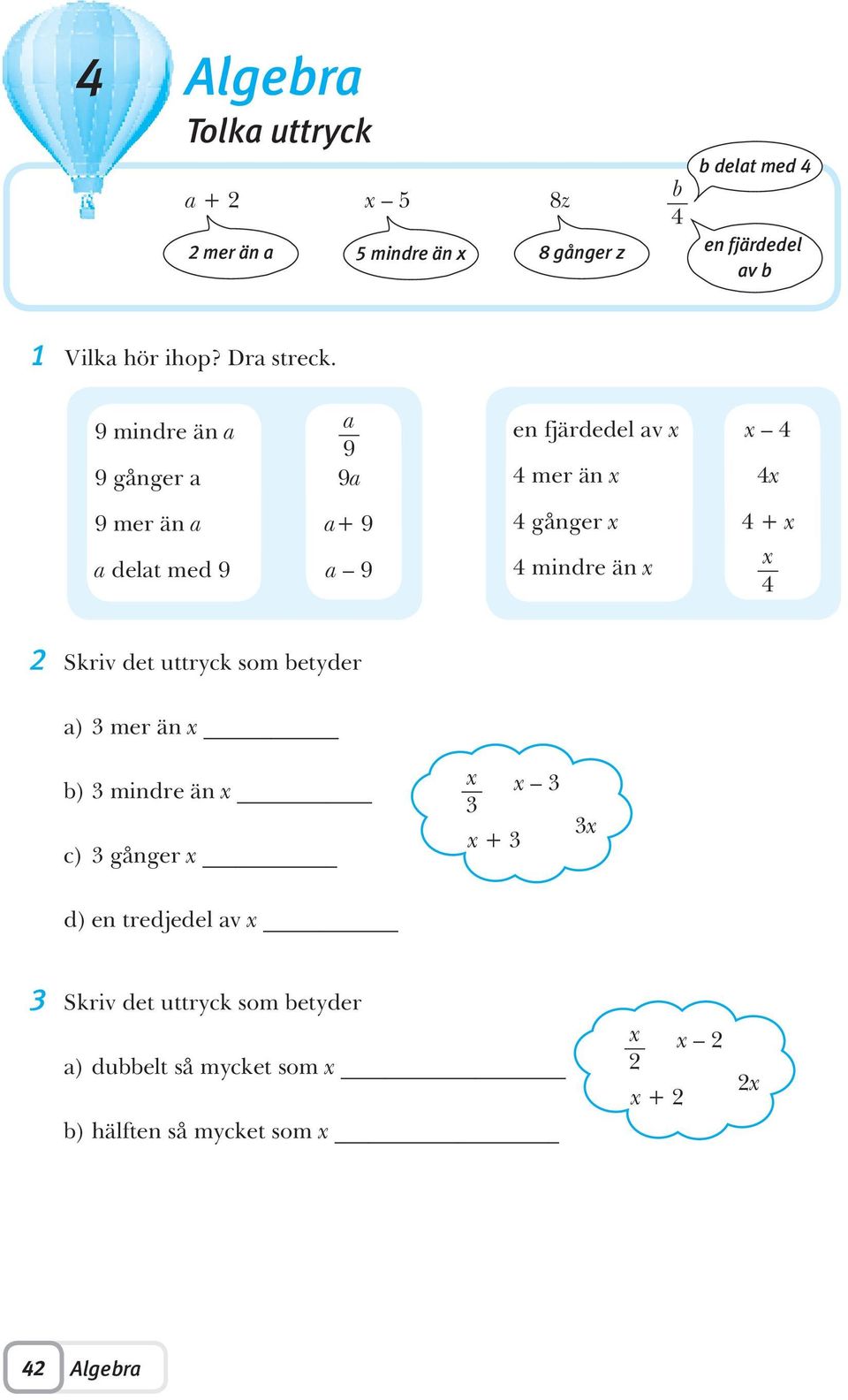 9 mindre än a a 9 9 gånger a 9a 9 mer än a a+ 9 a delat med 9 a 9 en fjärdedel av x x 4 4 mer än x 4x 4 gånger x 4 + x 4