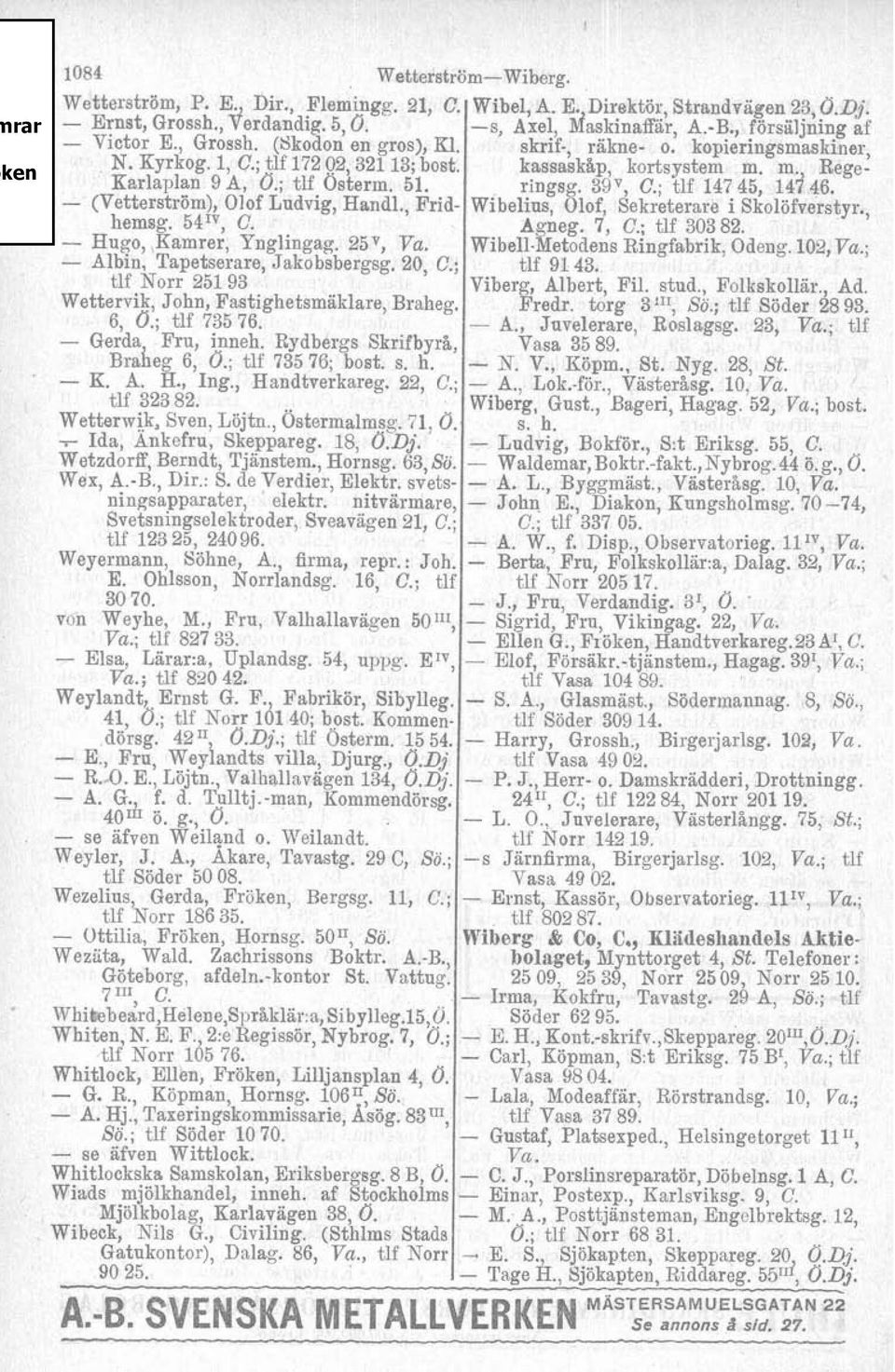 ; tlf Norr 251 93 Wettervik, John, Fastighetsmäklare, Braheg. 6, Ö.; tlf 735 76. - Gerda Fru, inneh. Rydbergs Skrifbyra, Braleg 6, Ö.; tlf 735 76; bost. s. h. - K. A. H., Ing., Handtverkareg. 22, C.