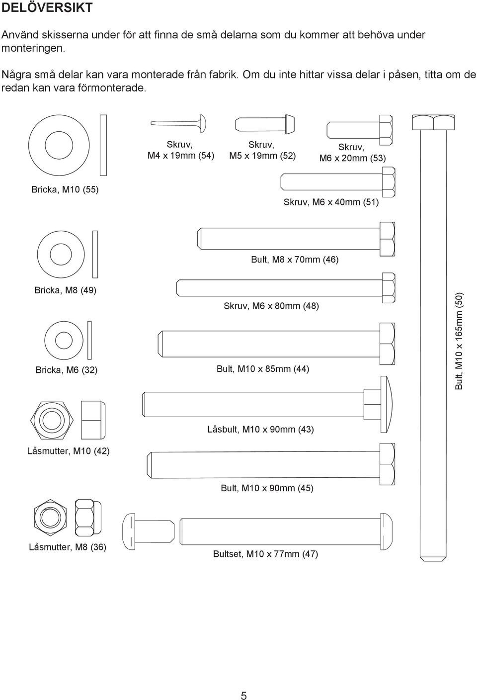 Skruv, M4 x 19mm (54) Skruv, M5 x 19mm (52) Skruv, M6 x 20mm (53) Bricka, M10 () Skruv, M6 x 40mm (51) Bult, M8 x 70mm (46) Bricka, M8 (49)