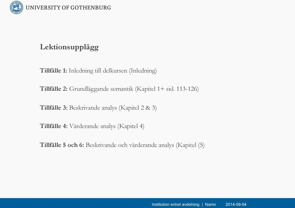 113-126) Tillfälle 3: Beskrivande analys (Kapitel 2 & 3) Tillfälle 4: