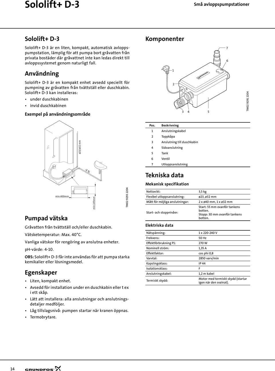 Sololift+ D-3 kan installeras: under duschkabinen invid duschkabinen Exempel på användningsområde 2 3 4 5 TM02 9291 2204 ø23/ø32 mm Pos.