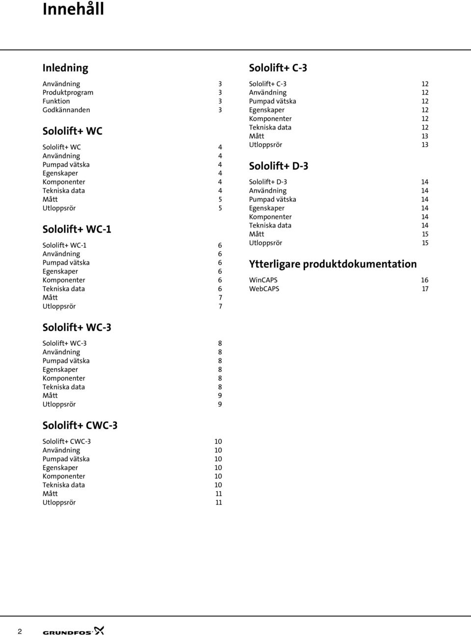 Komponenter 12 Tekniska data 12 Mått 13 Utloppsrör 13 Sololift+ D-3 Sololift+ D-3 14 Användning 14 Pumpad vätska 14 Egenskaper 14 Komponenter 14 Tekniska data 14 Mått 15 Utloppsrör 15 Ytterligare