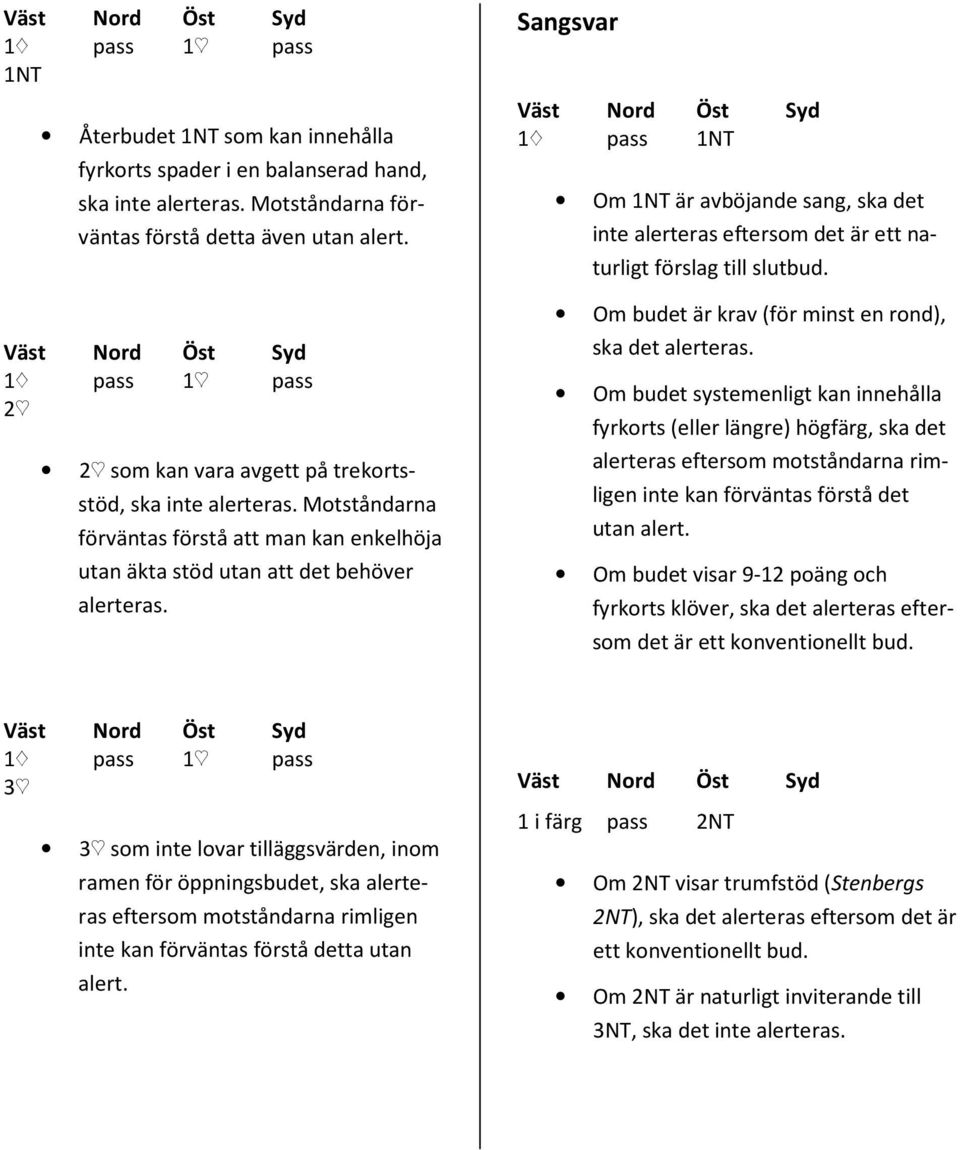 Sangsvar 1{ pass 1NT Om 1NT är avböjande sang, ska det inte alerteras eftersom det är ett naturligt förslag till slut Om budet är krav (för minst en rond), ska det alerteras.