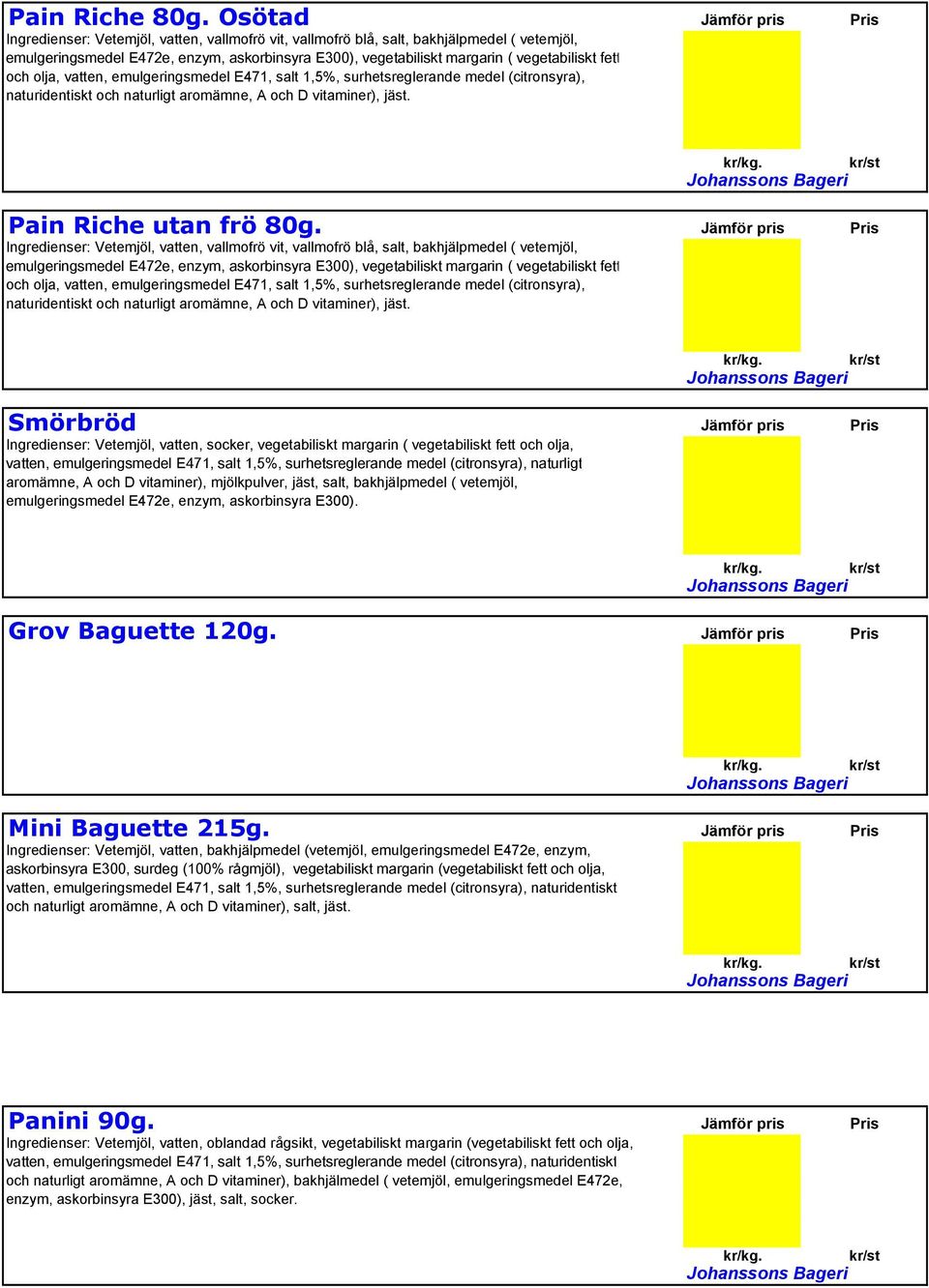 olja, vatten, emulgeringsmedel E471, salt 1,5%, surhetsreglerande medel (citronsyra), naturidentiskt och naturligt aromämne, A och D vitaminer), jäst. Pain Riche utan frö 80g.