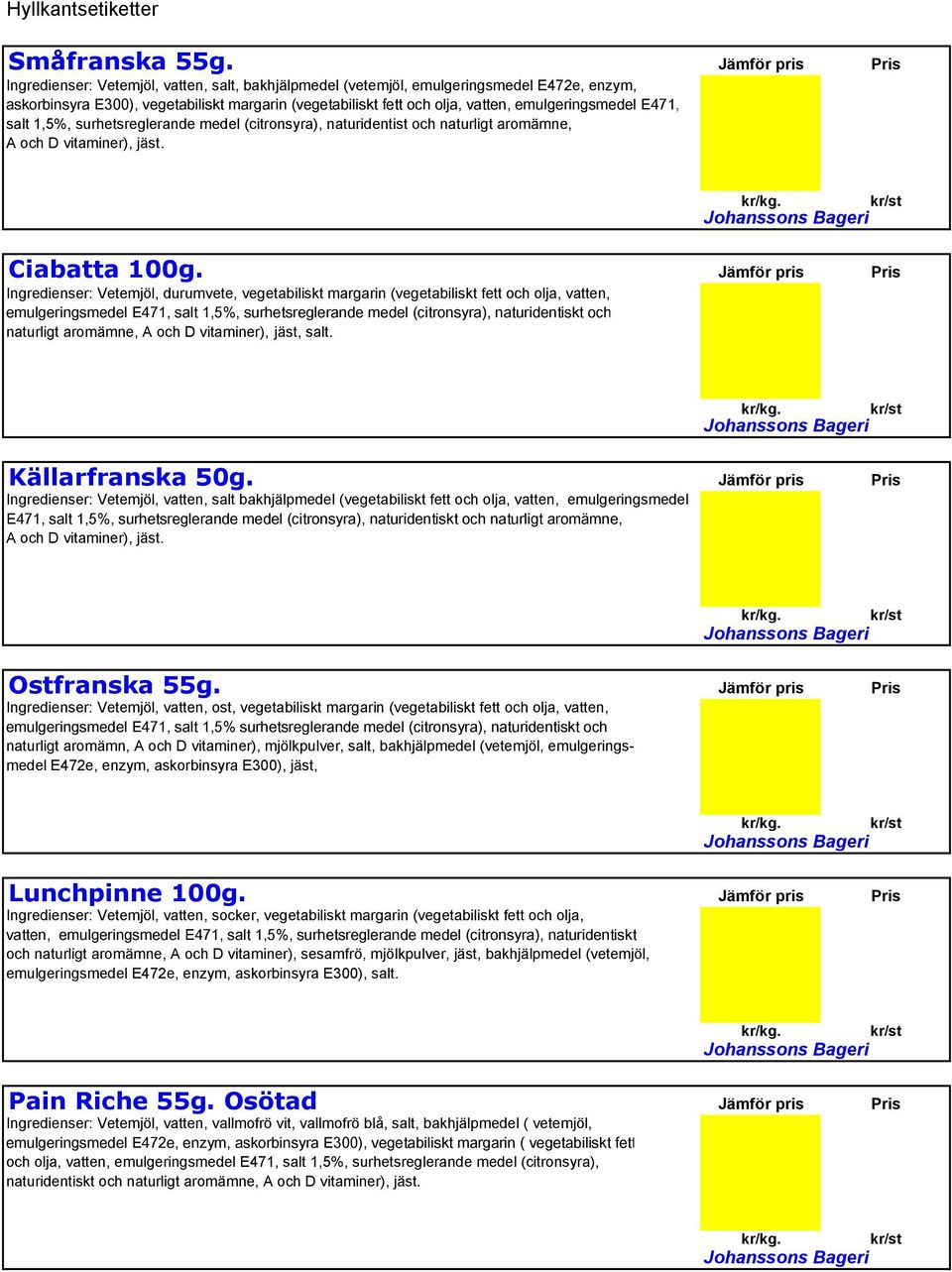 salt 1,5%, surhetsreglerande medel (citronsyra), naturidentist och naturligt aromämne, A och D vitaminer), jäst. Ciabatta 100g.