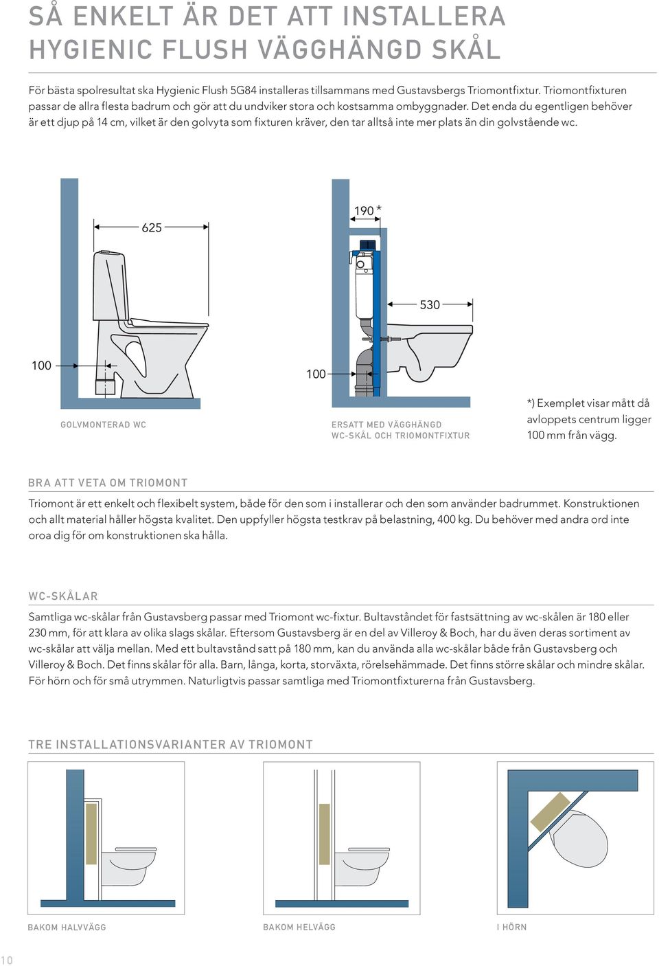 Det enda du egentligen behöver är ett djup på 14 cm, vilket är den golvyta som fixturen kräver, den tar alltså inte mer plats än din golvstående wc.