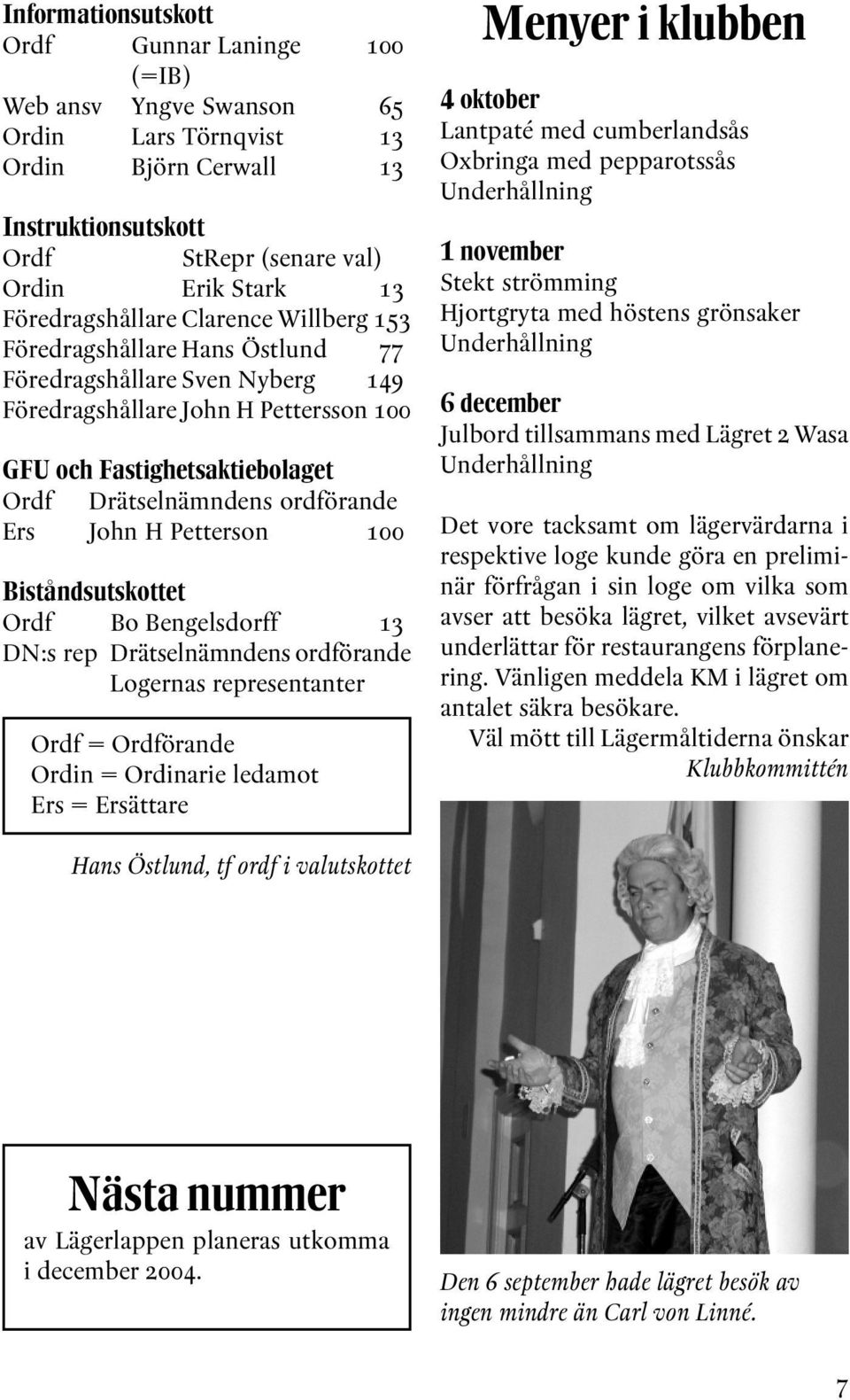 ordförande Ers John H Petterson 100 Biståndsutskottet Ordf Bo Bengelsdorff 13 DN:s rep Drätselnämndens ordförande Logernas representanter Ordf = Ordförande Ordin = Ordinarie ledamot Ers = Ersättare