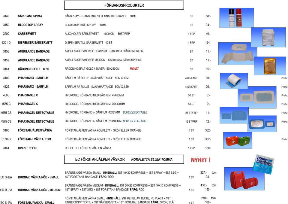 40 ST 1 FRP 154:- 3158 AMBULANCE BANDAGE AMBULANCE BANDAGE 10X12CM GASBINDA / SÅRKOMPRESS ST 11:- 3159 AMBULANCE BANDAGE AMBULANCE BANDAGE 8X10CM GASBINDA / SÅRKOMPRESS ST 11:- 3161 RÄDDNINGSFILT G /