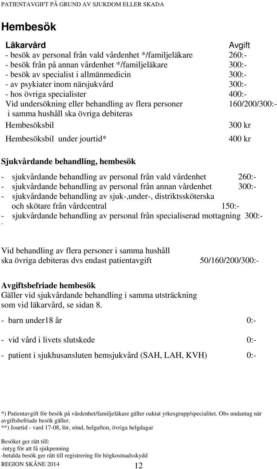 Sjukvårdande behandling, hembesök 400 kr - sjukvårdande behandling av personal från vald vårdenhet 26 - sjukvårdande behandling av personal från annan vårdenhet 30 - sjukvårdande behandling av