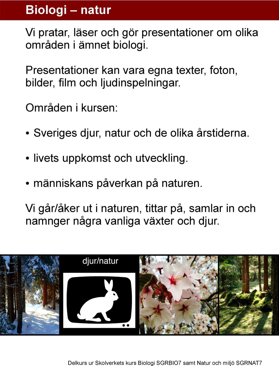 Områden i kursen: Sveriges djur, natur och de olika årstiderna. livets uppkomst och utveckling.