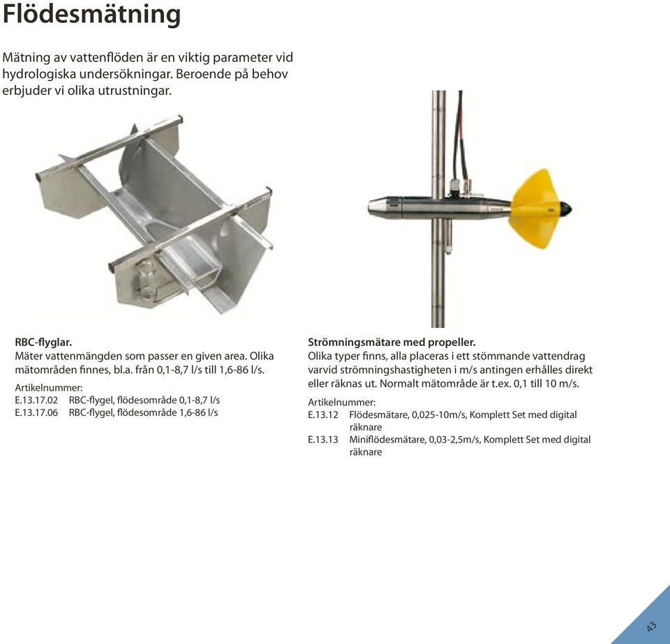 02 RBC-flygel, flödesområde 0,1-8,7 l/s E.13.17.06 RBC-flygel, flödesområde 1,6-86 l/s Strömningsmätare med propeller.