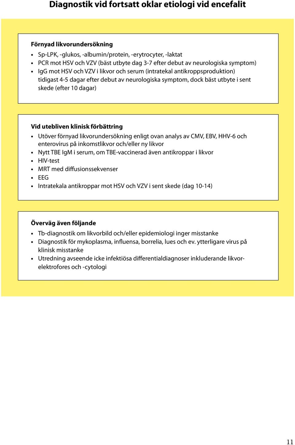 Vid utebliven klinisk förbättring Utöver förnyad likvorundersökning enligt ovan analys av CMV, EBV, HHV-6 och enterovirus på inkomstlikvor och/eller ny likvor Nytt TBE IgM i serum, om TBE-vaccinerad