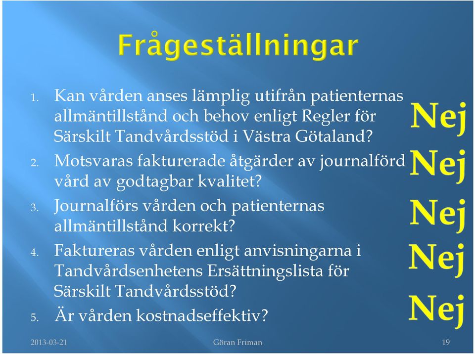 3. Journalförs vården och patienternas allmäntillstånd korrekt? 4.