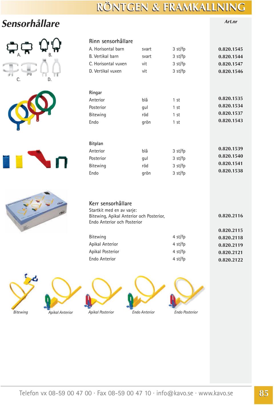 820.1539 0.820.1540 0.820.1541 0.820.1538 Kerr sensorhållare Startkit med en av varje: Bitewing, Apikal Anterior och Posterior, Endo Anterior och Posterior 0.820.2116 Bitewing Apikal Anterior Apikal Posterior Endo Anterior 0.