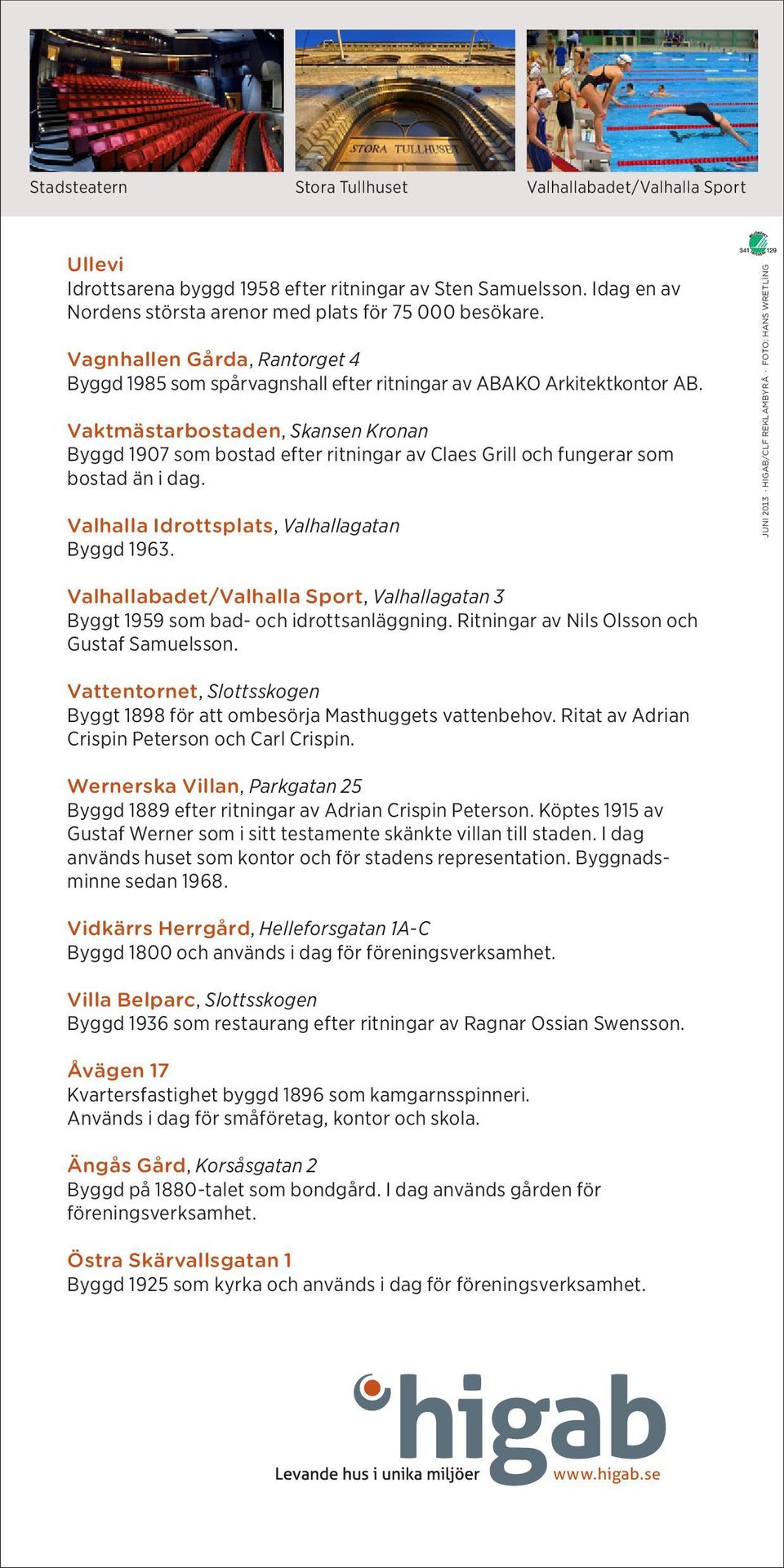 Vaktmästarbostaden, Skansen Kronan Byggd 1907 som bostad efter ritningar av Claes Grill och fungerar som bostad än i dag. Valhalla Idrottsplats, Valhallagatan Byggd 1963.