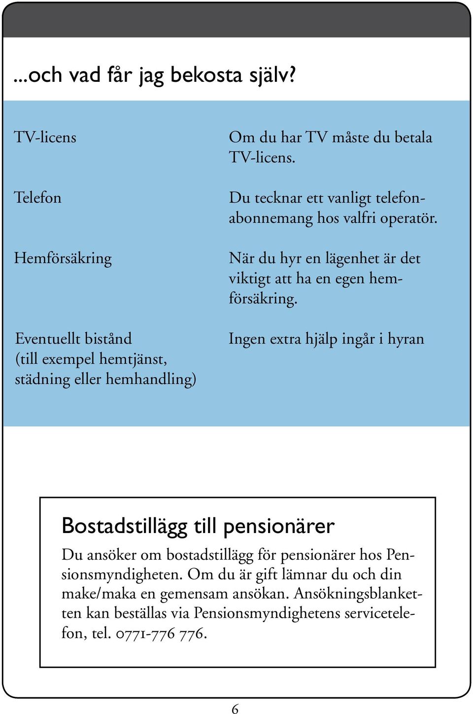 Du tecknar ett vanligt telefonabonnemang hos valfri operatör. När du hyr en lägenhet är det viktigt att ha en egen hemförsäkring.