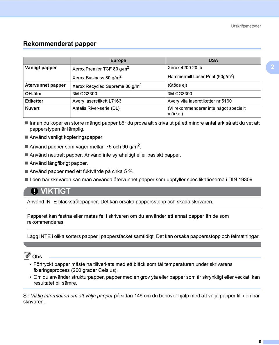 speciellt märke.) Innan du köper en större mängd papper bör du prova att skriva ut på ett mindre antal ark så att du vet att papperstypen är lämplig. Använd vanligt kopieringspapper.