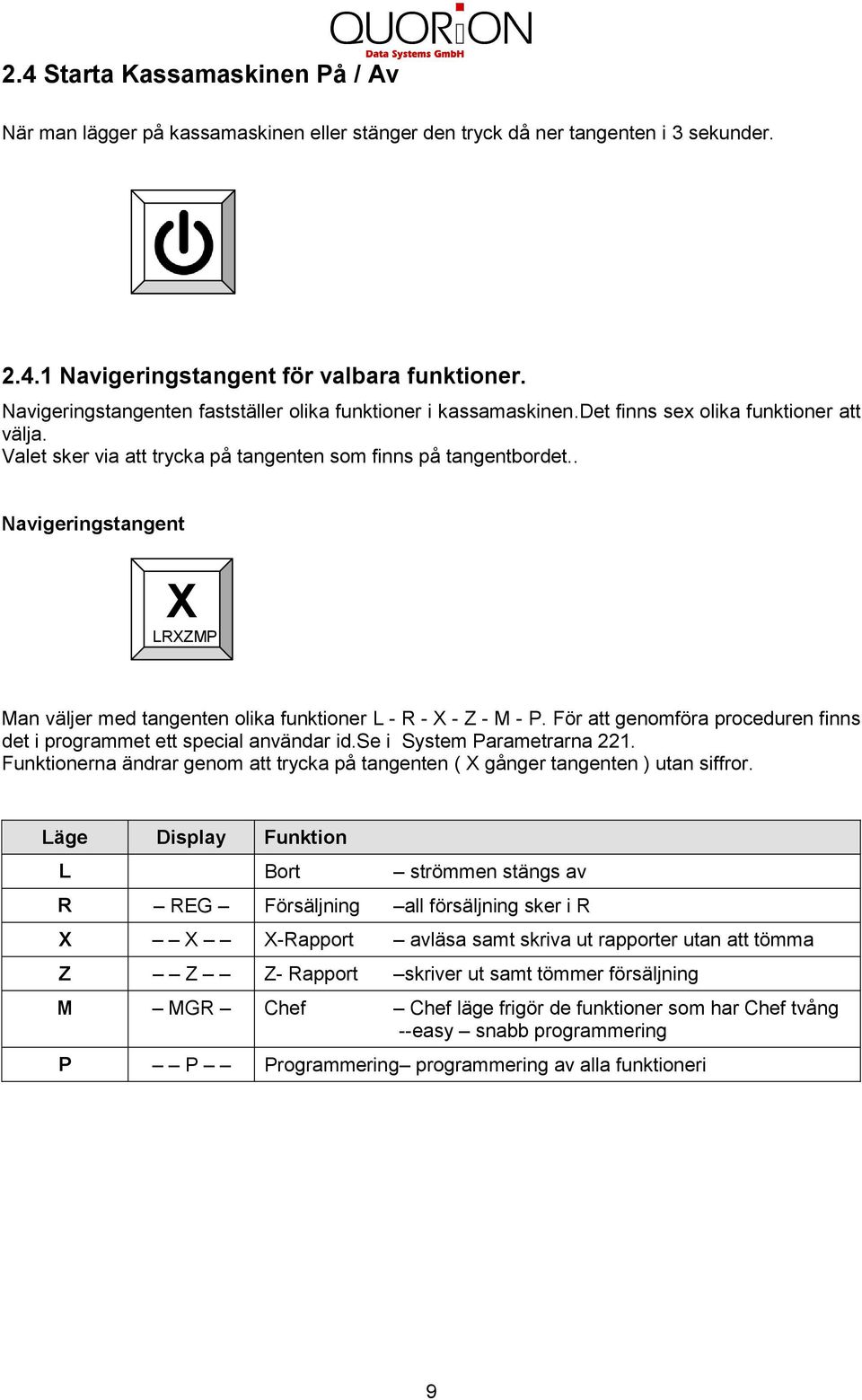 . Navigeringstangent X LRXZMP Man väljer med tangenten olika funktioner L - R - X - Z - M - P. För att genomföra proceduren finns det i programmet ett special användar id.se i System Parametrarna 22.