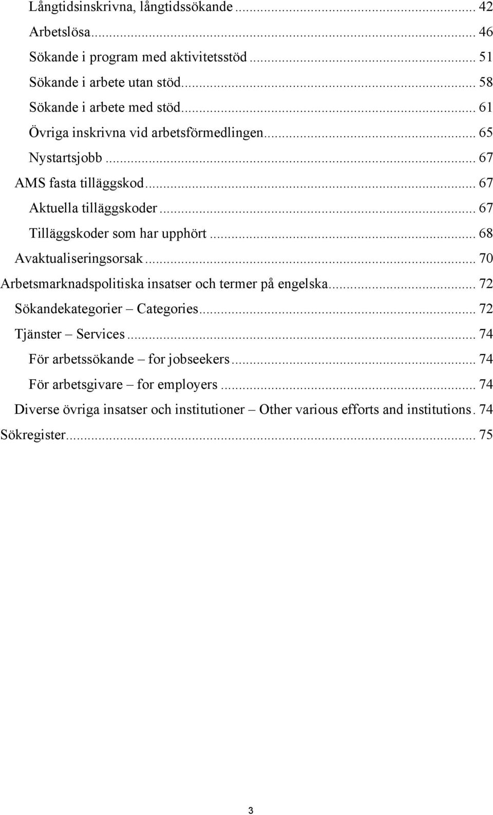 .. 68 Avaktualiseringsorsak... 70 Arbetsmarknadspolitiska insatser och termer på engelska... 72 Sökandekategorier Categories... 72 Tjänster Services.