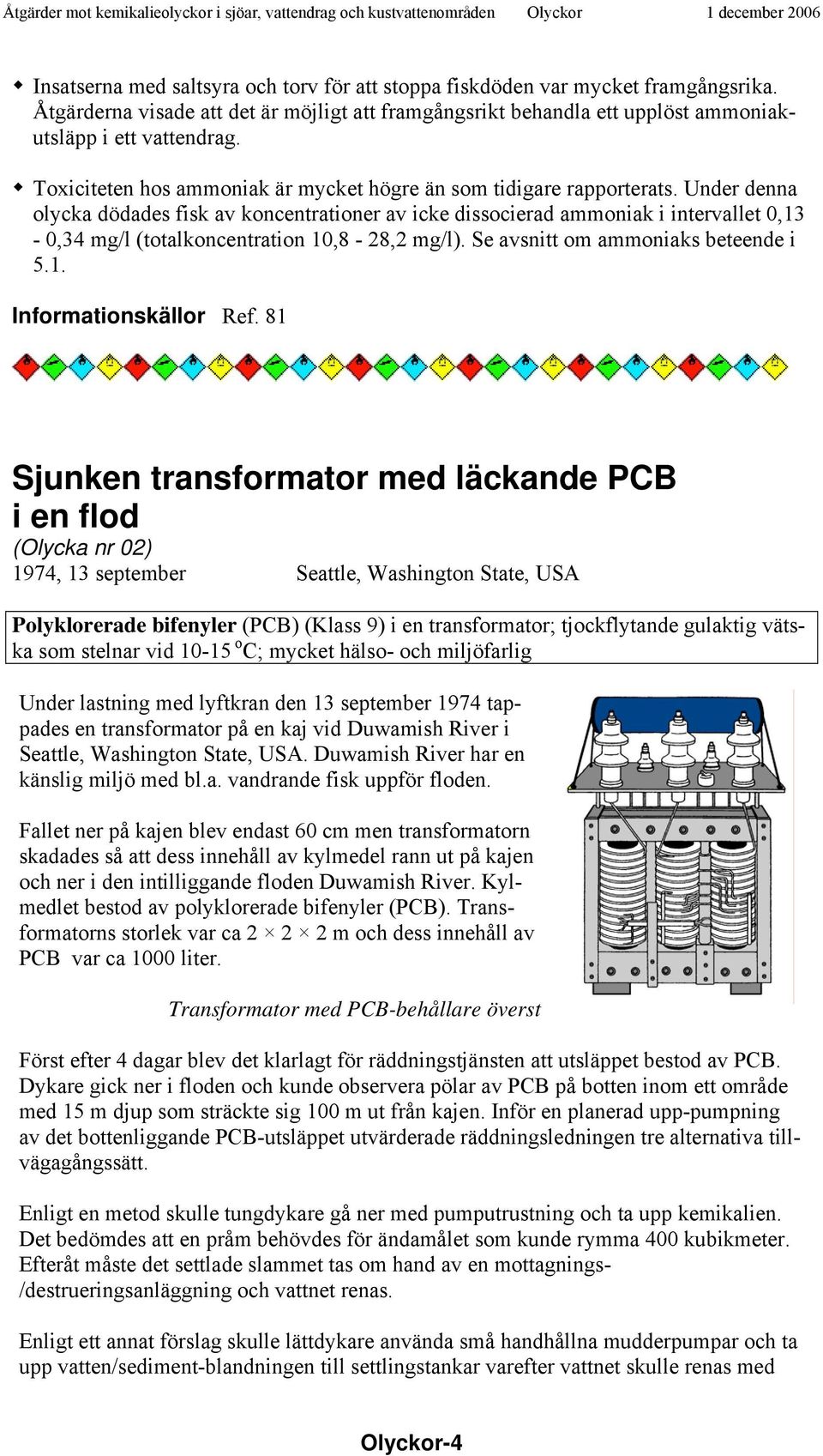 Under denna olycka dödades fisk av koncentrationer av icke dissocierad ammoniak i intervallet 0,13-0,34 mg/l (totalkoncentration 10,8-28,2 mg/l). Se avsnitt om ammoniaks beteende i 5.1. Ref.
