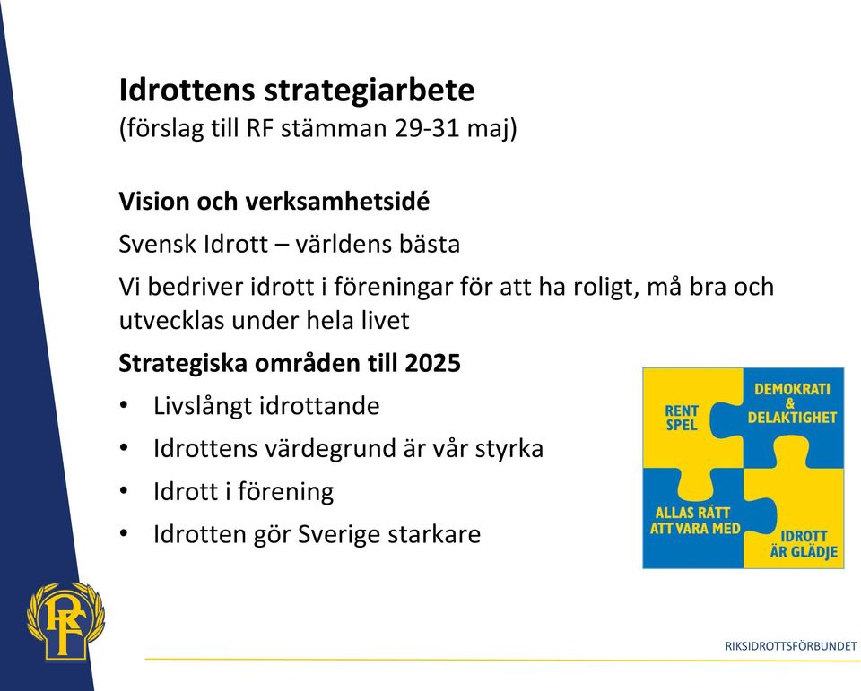 och utvecklas under hela livet Strategiska områden till 2025 Livslångt idrottande