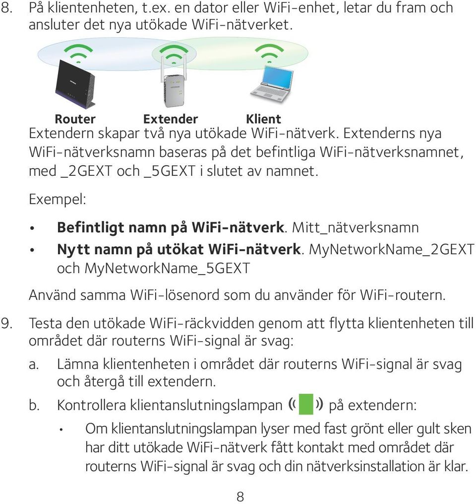 Mitt_nätverksnamn Nytt namn på utökat WiFi-nätverk. MyNetworkName_2GEXT och MyNetworkName_5GEXT Använd samma WiFi-lösenord som du använder för WiFi-routern. 9.