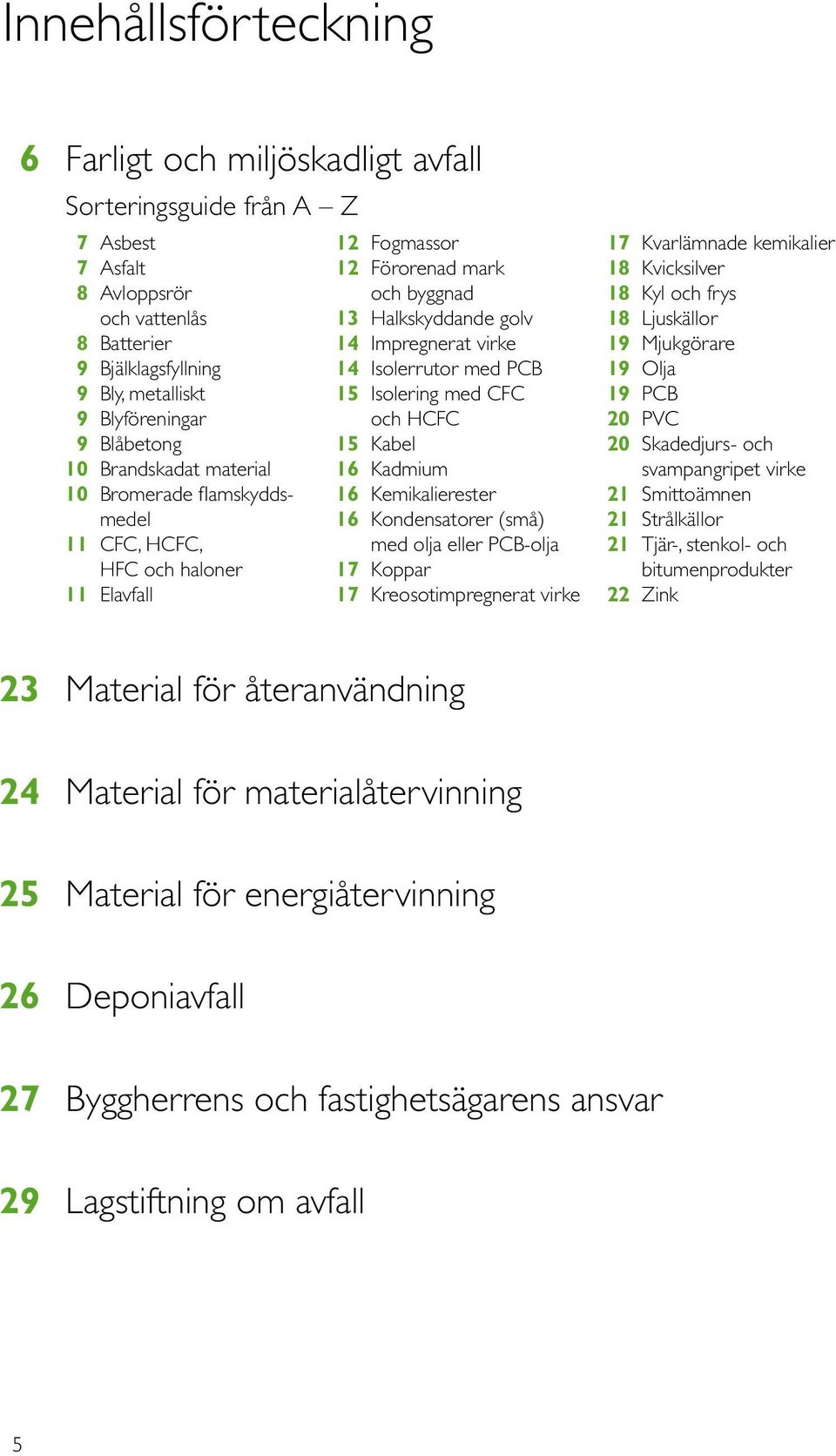 Isolerrutor med PCB 15 Isolering med CFC och HCFC 15 Kabel 16 Kadmium 16 Kemikalierester 16 Kondensatorer (små) med olja eller PCB-olja 17 Koppar 17 Kreosotimpregnerat virke 17 Kvarlämnade kemikalier