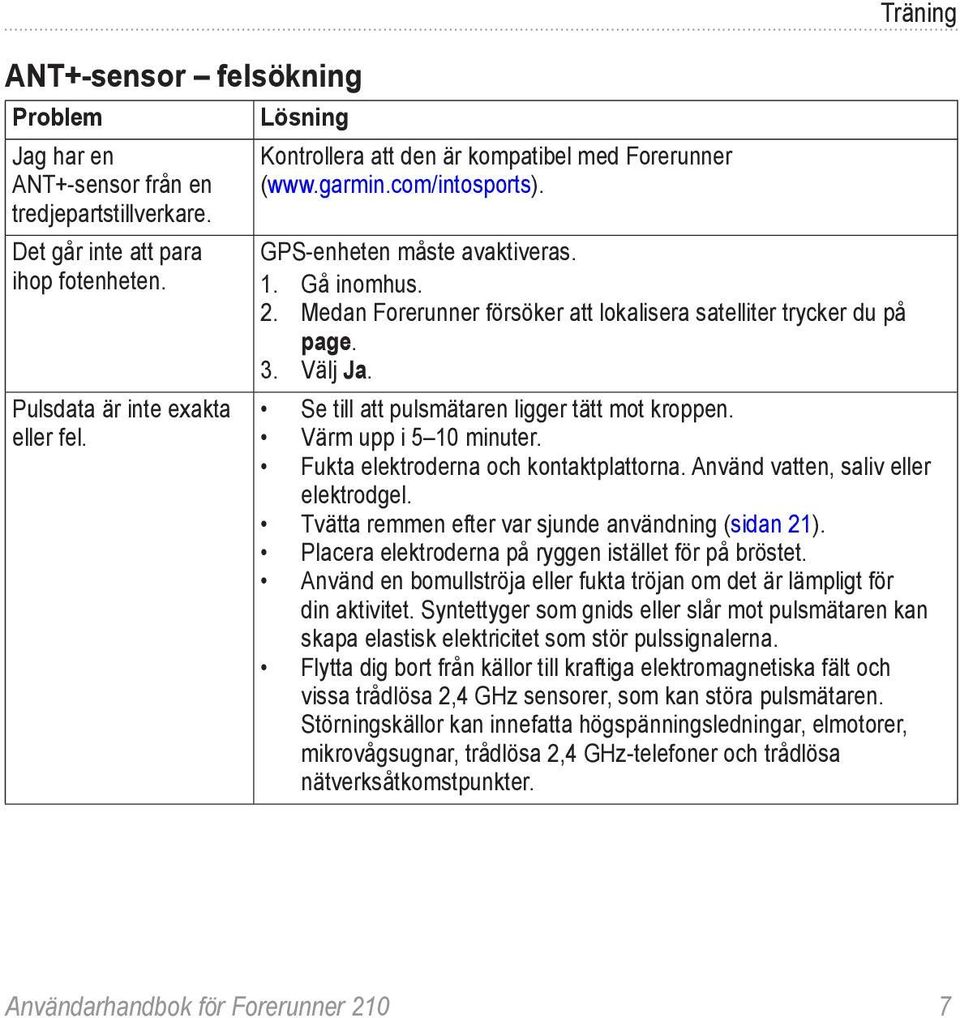 Medan Forerunner försöker att lokalisera satelliter trycker du på page. 3. Välj Ja. Se till att pulsmätaren ligger tätt mot kroppen. Värm upp i 5 10 minuter. Fukta elektroderna och kontaktplattorna.