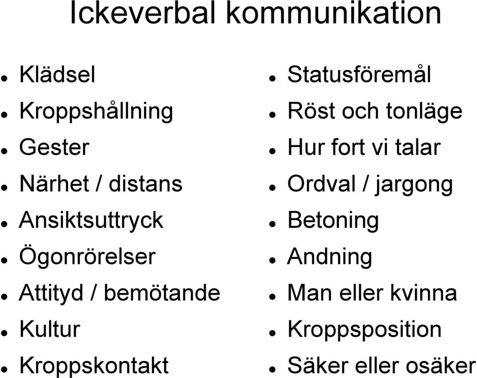 Kroppskontakt Statusföremål Röst och tonläge Hur fort vi talar