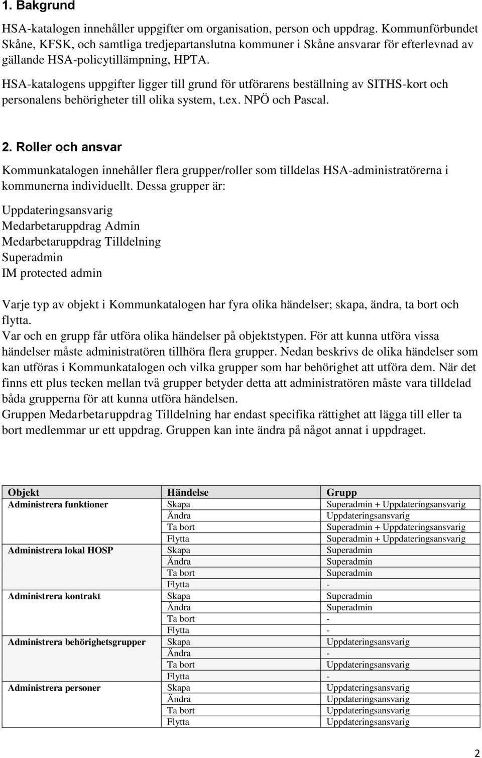 HSA-katalogens uppgifter ligger till grund för utförarens beställning av SITHS-kort och personalens behörigheter till olika system, t.ex. NPÖ och Pascal. 2.