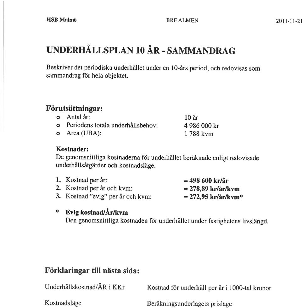 underhållsåtgärder och kostnadsläge. 1. Kostnad per år: = 498 600 kr/år 2. Kostnad per år och kvm: = 278,89 kr/år/kvm 3.