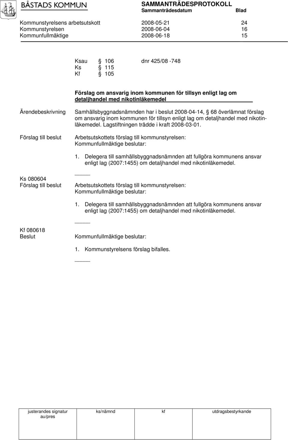 med nikotinläkemedel. Lagstiftningen trädde i kraft 2008-03-01. Arbetsutskottets förslag till kommunstyrelsen: 1.