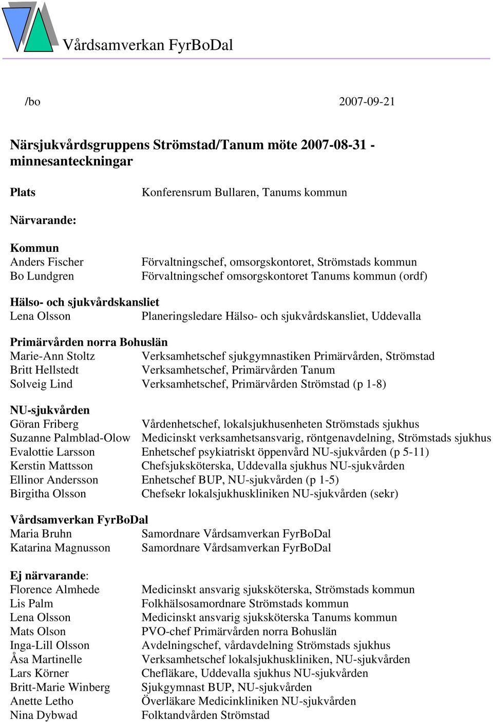 sjukvårdskansliet, Uddevalla Primärvården norra Bohuslän Marie-Ann Stoltz Verksamhetschef sjukgymnastiken Primärvården, Strömstad Britt Hellstedt Verksamhetschef, Primärvården Tanum Solveig Lind