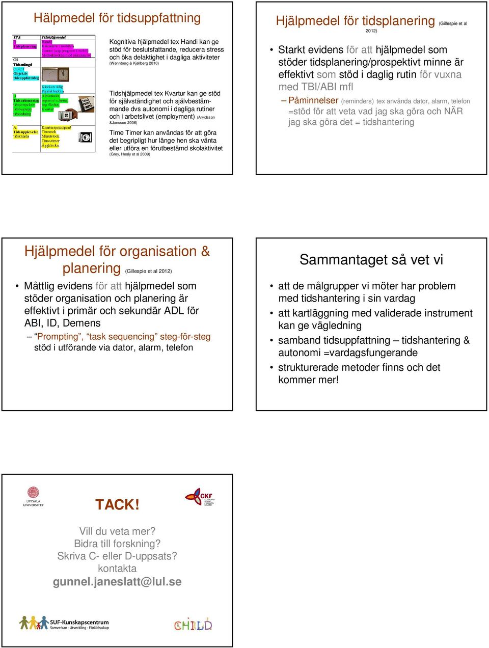 begripligt hur länge hen ska vänta eller utföra en förutbestämd skolaktivitet (Grey, Healy et al 2009) Hjälpmedel för (Gillespie et al 2012) Starkt evidens för att hjälpmedel som stöder /prospektivt