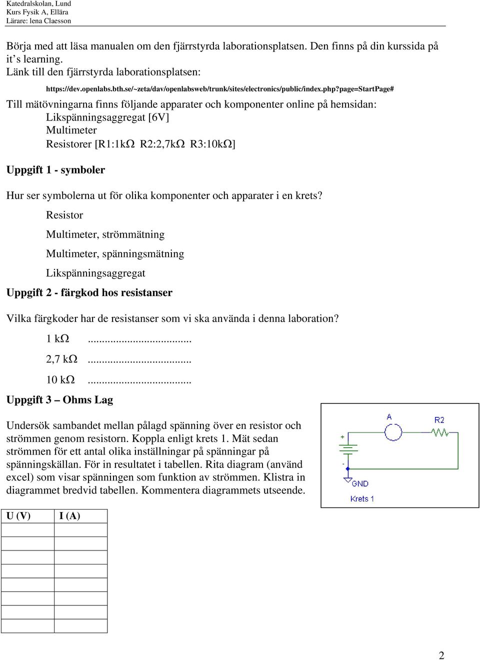 page=startpage# Till mätövningarna finns följande apparater och komponenter online på hemsidan: Likspänningsaggregat [6V] Multimeter Resistorer [R1:1kΩ R2:2,7kΩ R3:10kΩ] Uppgift 1 - symboler Hur ser