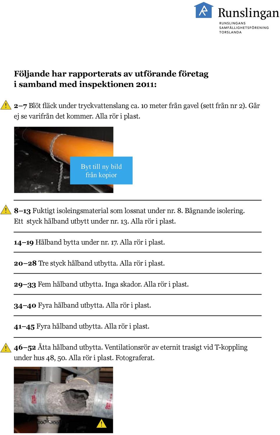 13. Alla rör i plast. 14 19 Hålband bytta under nr. 17. Alla rör i plast. 20 28 Tre styck hålband utbytta. Alla rör i plast. 29 33 Fem hålband utbytta. Inga skador. Alla rör i plast. 34 40 Fyra hålband utbytta.