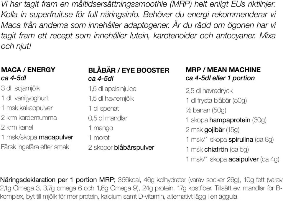 maca / energy ca 4-5dl 3 dl sojamjölk 1 dl vaniljyoghurt 1 msk kakaopulver 2 krm kardemumma 2 krm kanel 1 msk/skopa macapulver Färsk ingefära efter smak Blåbär / EYE BooSTer ca 4-5dl 1,5 dl