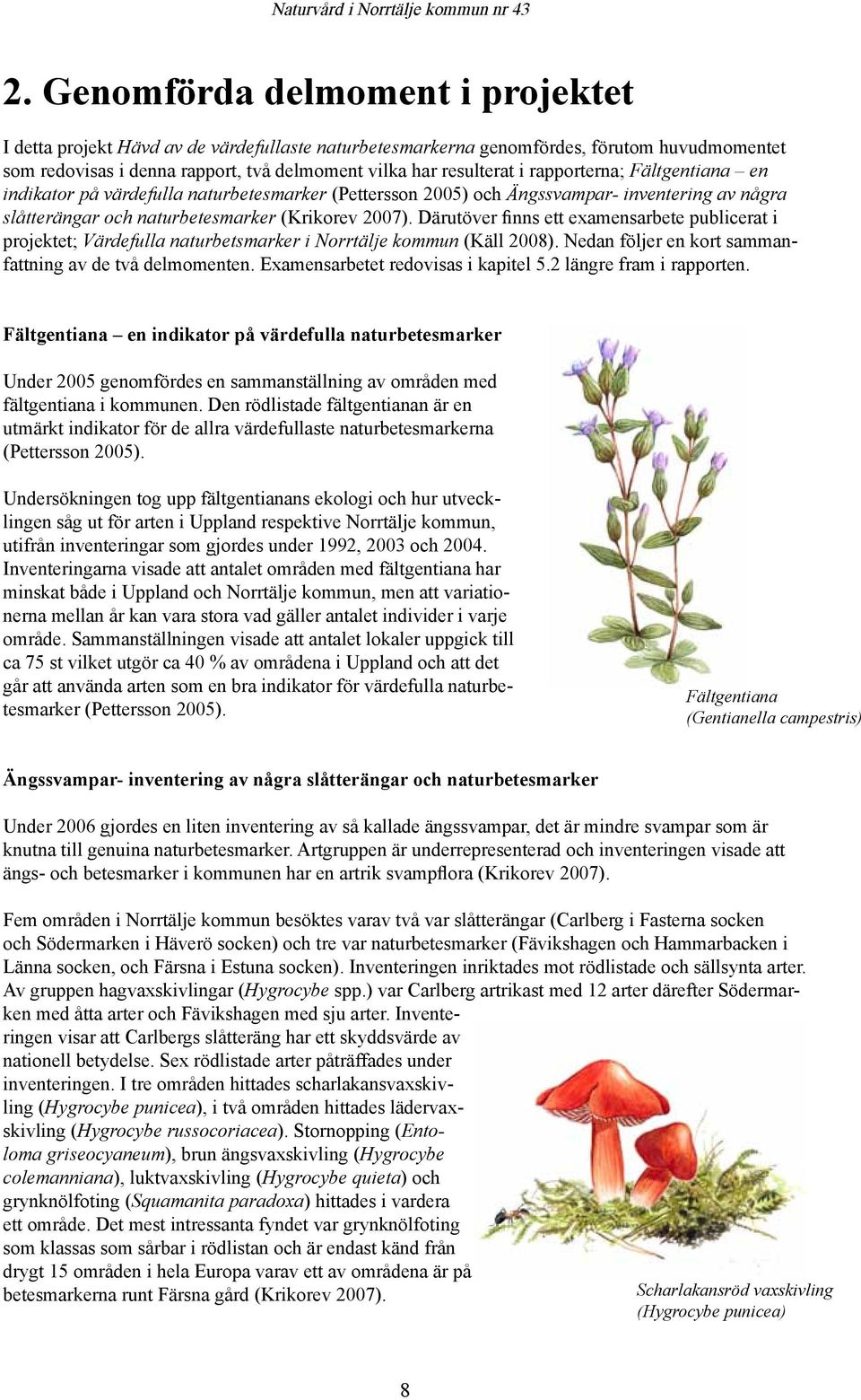 Därutöver finns ett examensarbete publicerat i projektet; Värdefulla naturbetsmarker i Norrtälje kommun (Käll 2008). Nedan följer en kort sammanfattning av de två delmomenten.
