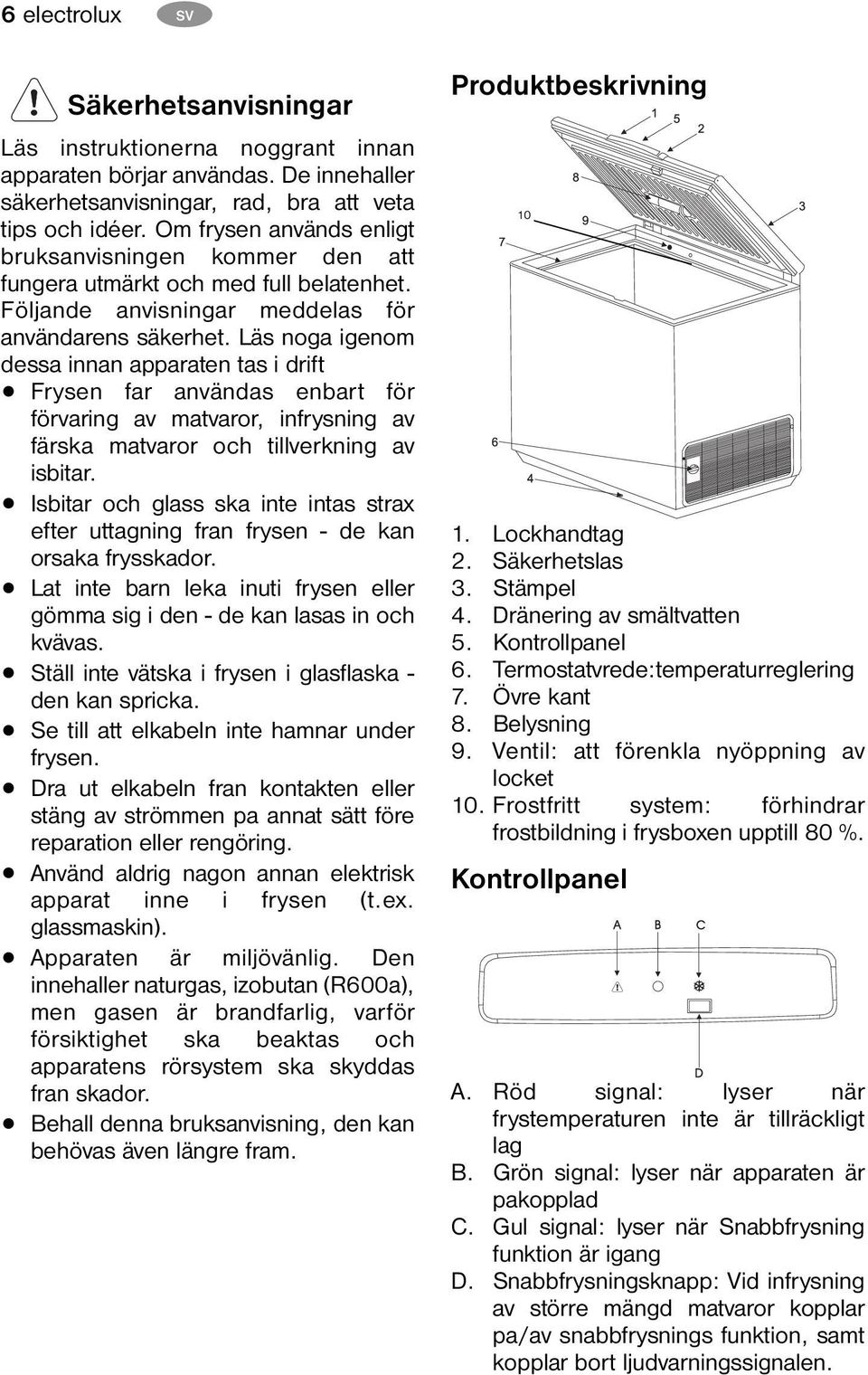 Läs noga igenom dessa innan apparaten tas i drift Frysen far användas enbart för förvaring av matvaror, infrysning av färska matvaror och tillverkning av isbitar.