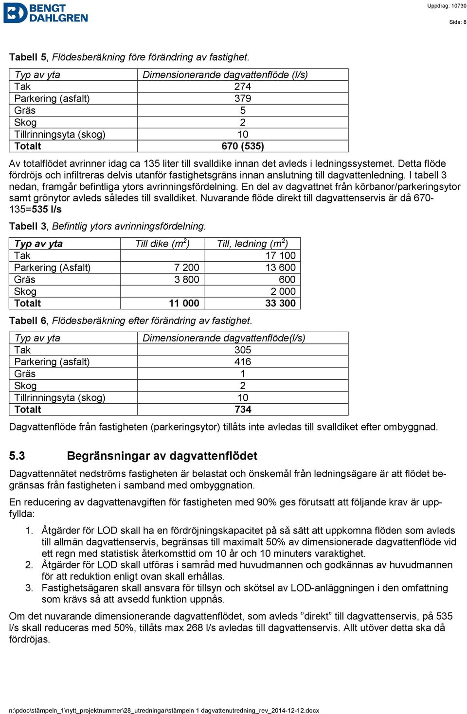 det avleds i ledningssystemet. Detta flöde fördröjs och infiltreras delvis utanför fastighetsgräns innan anslutning till dagvattenledning.