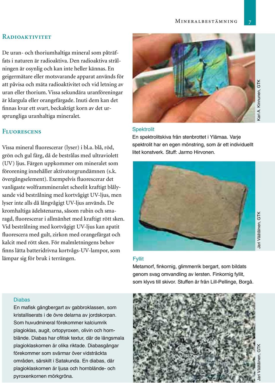 Inuti dem kan det finnas kvar ett svart, beckaktigt korn av det ursprungliga uranhaltiga mineralet. Fluorescens Vissa mineral fluorescerar (lyser) i bl.a. blå, röd, grön och gul färg, då de bestrålas med ultraviolett (UV) ljus.