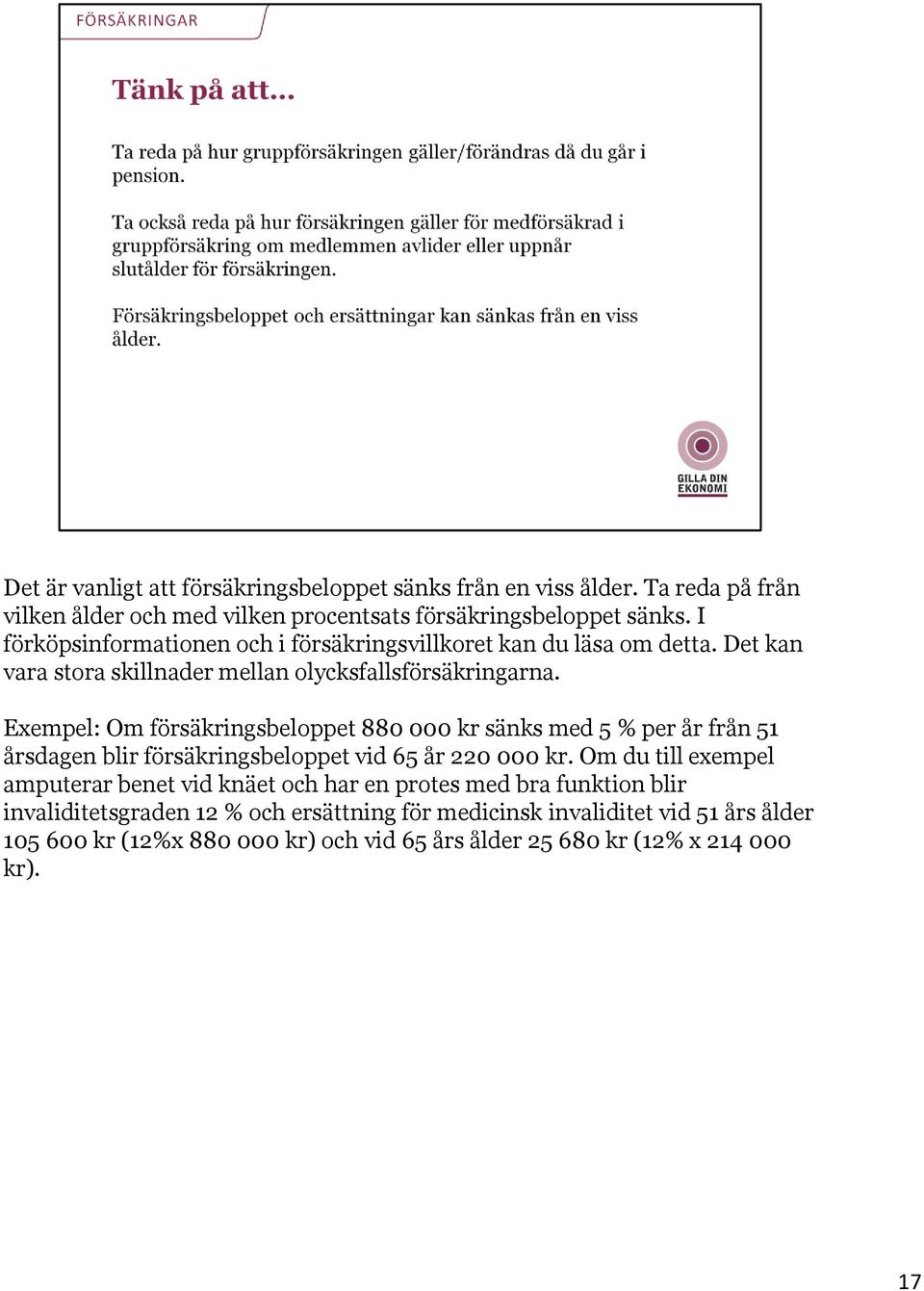 Exempel: Om försäkringsbeloppet 880 000 kr sänks med 5 % per år från 51 årsdagen blir försäkringsbeloppet vid 65 år 220 000 kr.