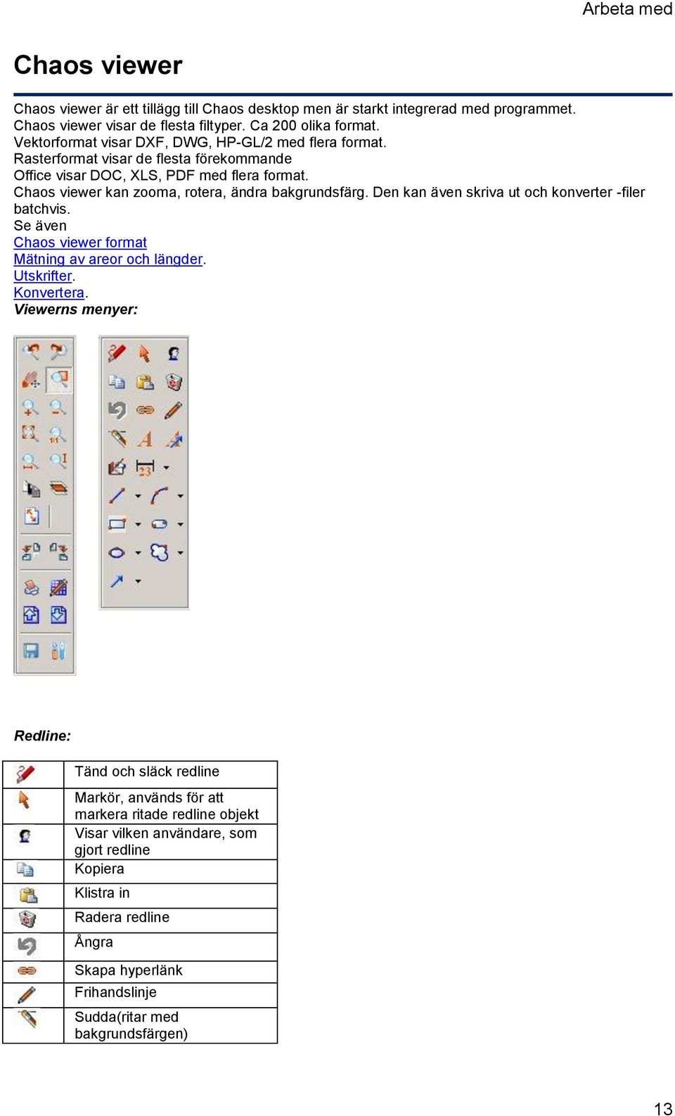 Chaos viewer kan zooma, rotera, ändra bakgrundsfärg. Den kan även skriva ut och konverter -filer batchvis. Se även Chaos viewer format Mätning av areor och längder. Utskrifter. Konvertera.